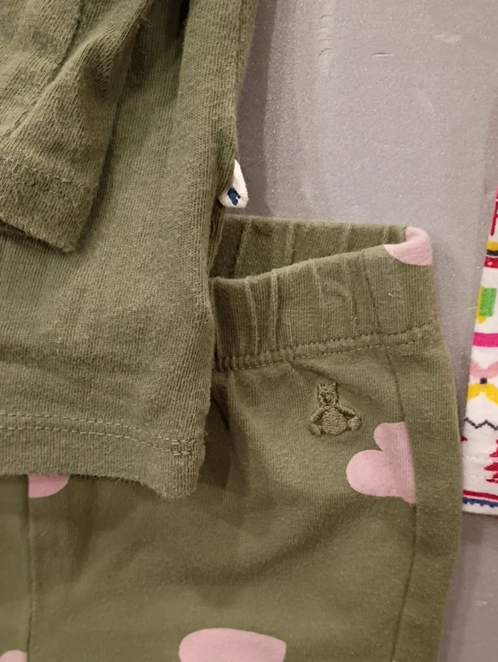 Lot Of 2 GAP Olive Green Heart Top & Pink Accent Striped Footed Pajamas